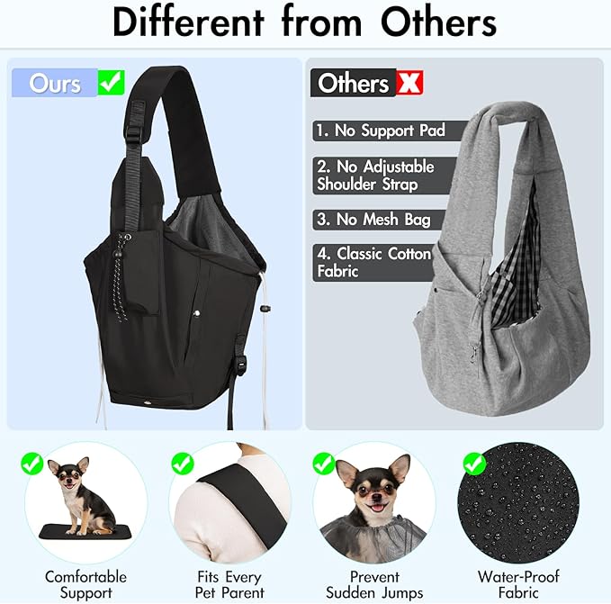 Dog Carrier Sling, Dog Carriers for Small Dogs & Cats with Pockets, Puppy Carrier Sling 20 lbs Machine Washable, Adjustable Shoulder Strap, Hands Free for Family Outdoor Use (Black)