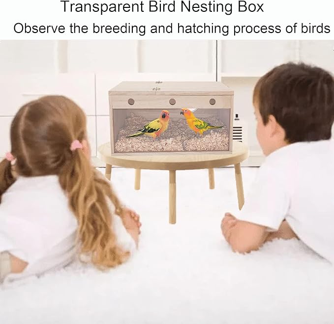 Tfwadmx Parakeet Nesting Box, Transparent Bird Nest Breeding Box, Wood Parrot Nest Box with Perch Bird Cage House for Cockatiel Lovebirds Budagie Canary Finch(L)