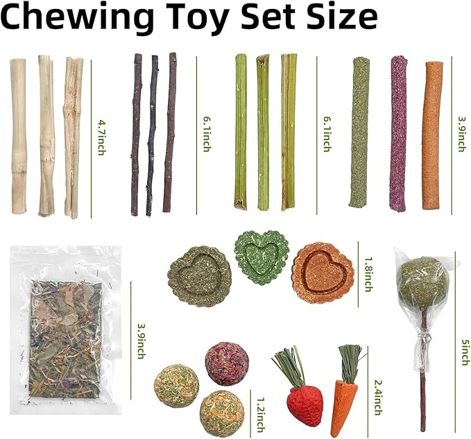 Rabbit Chew Toys, Treats for Guinea Pigs & Hamsters - Natural Chew Sticks & Balls Set for Small Animals, Dental Care Treats for Chinchillas, Bunny - 20+ Toys for Teeth Health (22 Pieces)