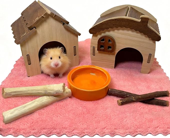 2PCS Hamster Hideout Hamster Wood House Maze Platform Detachable Cage Accessories for Dwarf Hamster Rat Gerbil Sugar Glider