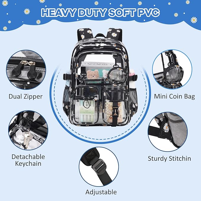 Clear Backpacks for Stadium Events Heavy Duty Clear Bookbag for School Girls Transparent Back Pack, Black