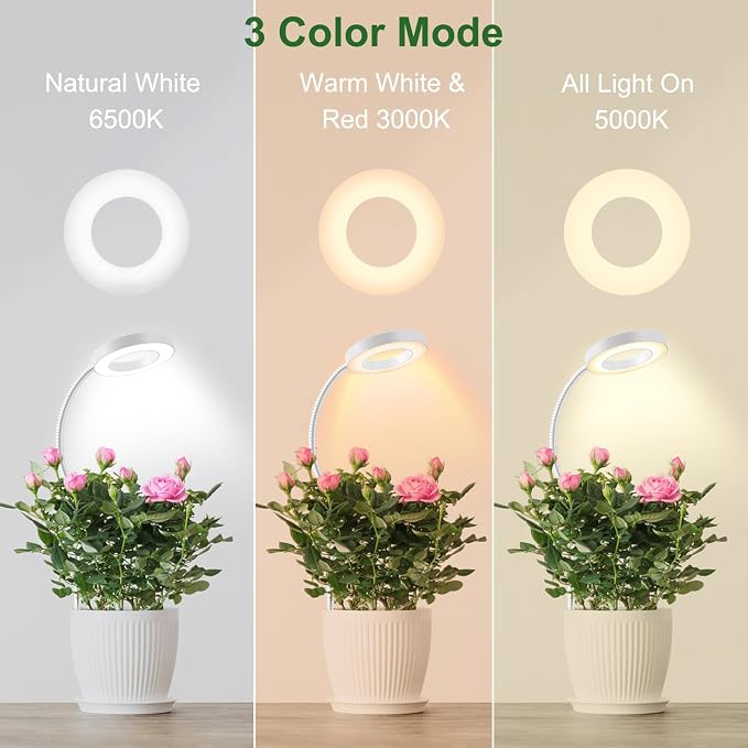 2 in 1 Grow Lights for Indoor Plants, 3 Colors Plant Lights Indoor | 48 LEDs Full Spectrum Plant Lights for Indoor Growing with 360° Gooseneck, 6/12/16H Timer, 5 Brightness, White 3 Pack