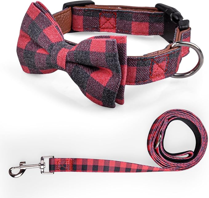 IVY&LANE Dog Collar with Bowtie and Leash Set | Plaid Adjustable Dog Collar | Detachable Bow Tie |5 FT Dog Leash | for Small Medium Large Dogs | Checkered Red | Large