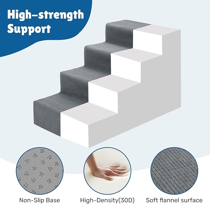 Dog Steps for Bed, 18" H Dog Stairs for Small Dogs, 4-Tier Pet Stairs with Washable Cover, Non-Slip Pet Steps for Dogs to Get On Bed