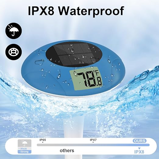 Wireless Pool Thermometer, Digital Pool Thermometer Floating Easy Read–IPX8 Waterproof Solar Temperature Gauge for Pool, Aquarium, Pond,
