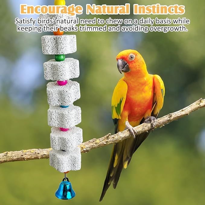 PINVNBY 3 Pack Bird Chewing Toy Lava Calcium Bird Beak Grinding Stone with Bell Hanging Parakeet Cage Accessories for Parrots Budgies Cockatiels African Grey (7 Block Per String)