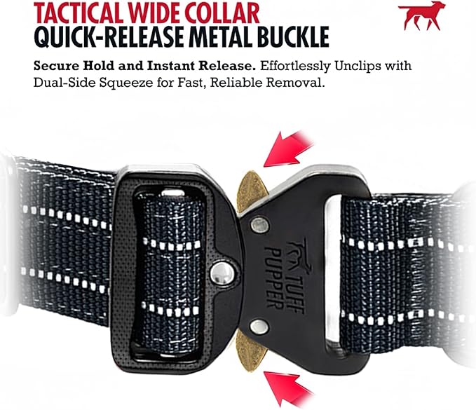 Tuff Pupper Tactical Dog Collar | Heavy Duty 1.5" Wide Ballistic Nylon | Training Control Handle | Quick-Release Metal Buckle | Reflective Bands | ID Tag Holder | Padded Inner Lining (Black, Medium)