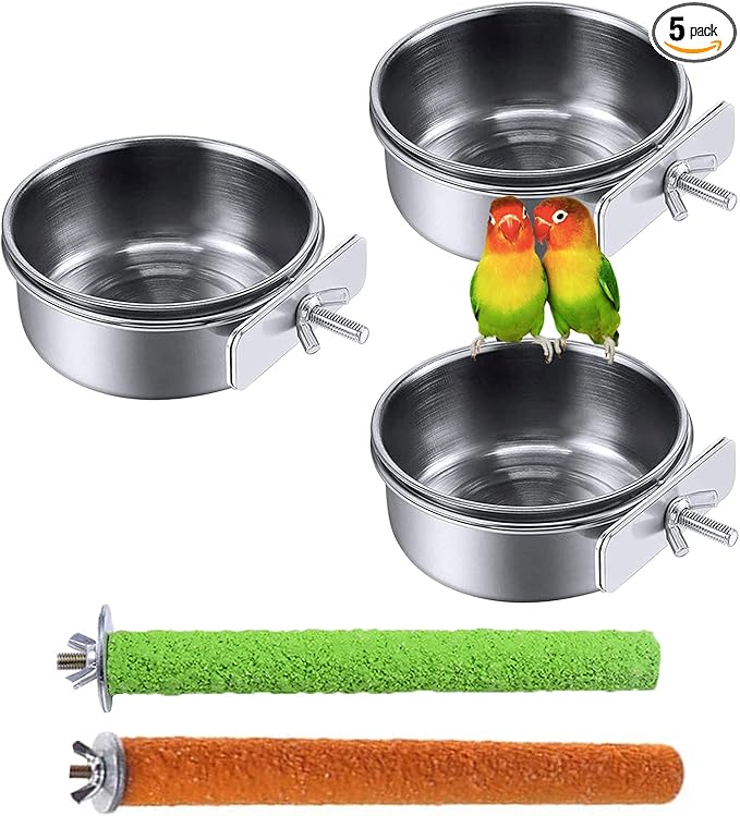 PINVNBY Stainless Steel Bowls for Birds,Parrot Feeding Dish Cups Parakeet Food Water Dishes with Clamp Holder Perches for Cockatiel Budgies Macaw Small Animal Chinchilla(5 Pack)