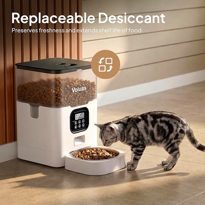 VOLUAS Automatic Cat Feeders - Dry Food Dispenser with Timer, Desiccant Bag, Programmable Portion Size Control 4 Meals Per Day, 10s Voice Recorder