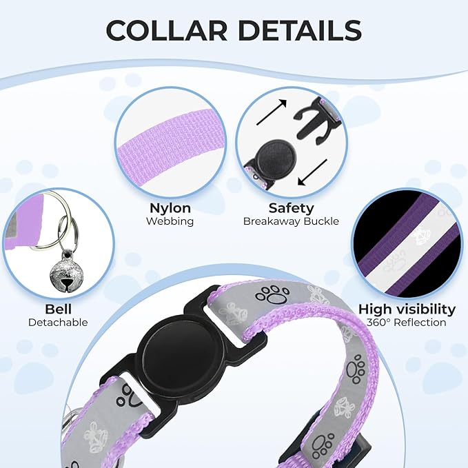 Cat Collar Breakaway, Reflective Kitten Collar with Bell, Safety Buckle Kitten Collar, Lightweight, Adjustable, Comfortable, Suitable for Boy Girl Cats (7"-13") Lilac