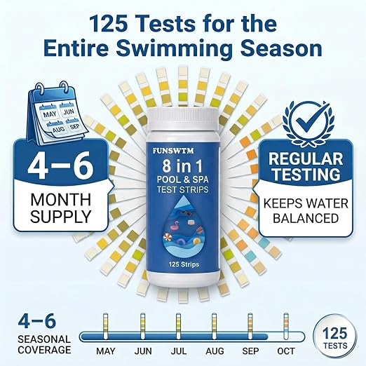 8 in 1 Salt Water Pool Testing Kit, 125PCS Pool Salt Test Strips | Salt pool test strips detect salt salt, pH, chlorine, bromine, alkalinity, hardness, CYA in pool hot tub spa saltwater pool