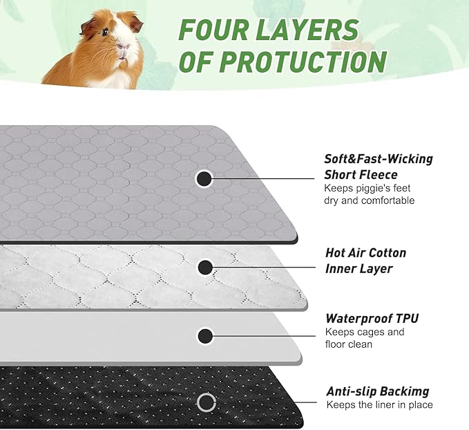 Guinea Pig Cage Liners, 16''X24'' Washable Guinea Pig Pee Pads, Non Slip Reusable Super Absorbent Guinea Pig Training Mat Bedding Fleece for Small Animals Hamster Rabbit Chinchilla Rat, 2Pack