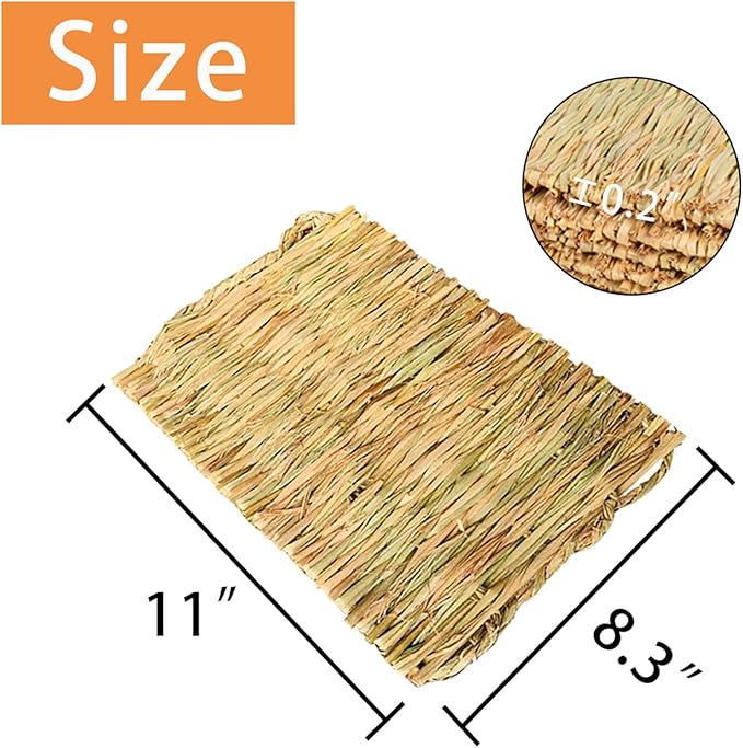 PINVNBY Straw Mats for Rabbits,11.0"x8.3" Natural Bunny Grass Mat,Handwoven Rabbit Hay Mat Small Animal Bedding Chewable & Cooling Mat - Eco-Friendly Cage Liner Nesting Toy(4 PCS)