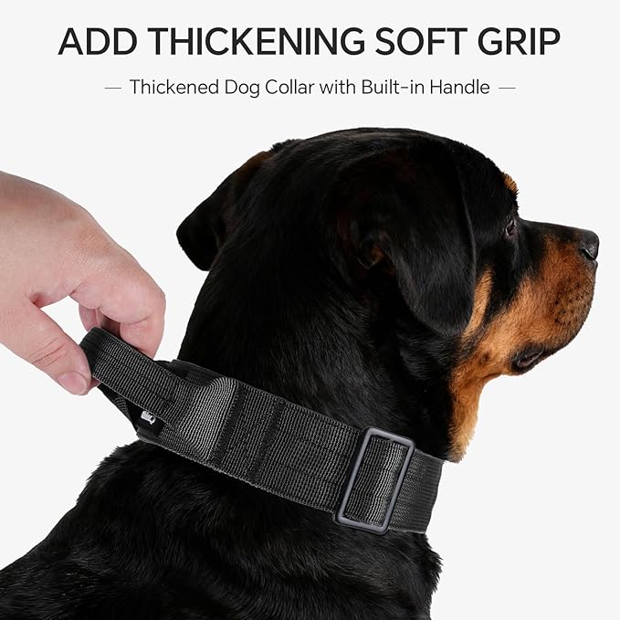 Tactical Thick Dog Collar, Adjustable Training Nylon Dog Collar, Heavy Duty Metal Buckle & Control Handle for Small Medium Large Dogs (M, Black)