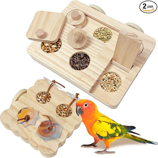 2PCS Wooden Bird Foraging Puzzle Toys Interactive Parakeet Enrichment Foraging Toy for CageBird Slow Feeder Parrot Chewing Toy for Pets, Bird Perches Stand for Sun Conure and Small Sized Birds
