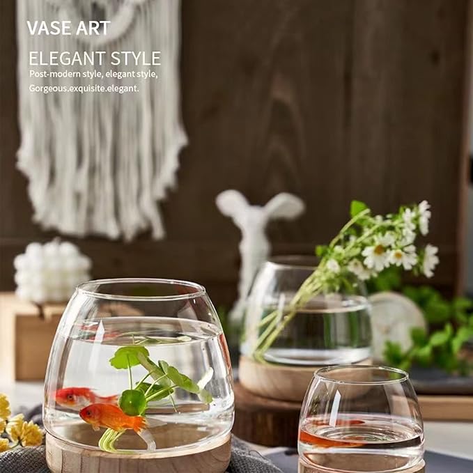 Glass Fish Bowl,with Wooden Base, Small Desktop Fish Bowl Aquarium for Betta Fish Gold Fish, Fish Tank Flower Vase,Hydroponic Plant Terrarium,for Home Decoration (11 x 19.5cm)