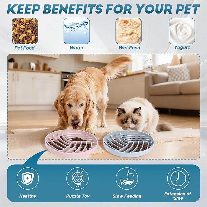 Silicone Slow Feeder Bowls for Dogs and Cats - Wet Food, Suction Cups, Interactive, Reduces Boredom, Anxiety, Anti-Choking, Non-Slip Design (Pink & Blue)
