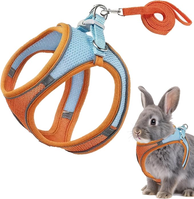 Rabbit Harness and Leash Set Escape Proof, Adjustable Soft Padded Vest, Breathable Mesh Bunny Harness with Reflective Strap, Safe for Small Animals(Orange,S)