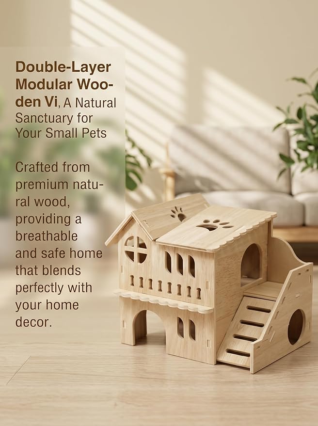 Large Hamster House & Gerbil Hideout – 8.5" Double-Decker Wooden Maze Hut w/Fun Slide | Multi-Level Gerbil House for Dwarf Hamsters, Mice, Rats & Small Animals ﻿