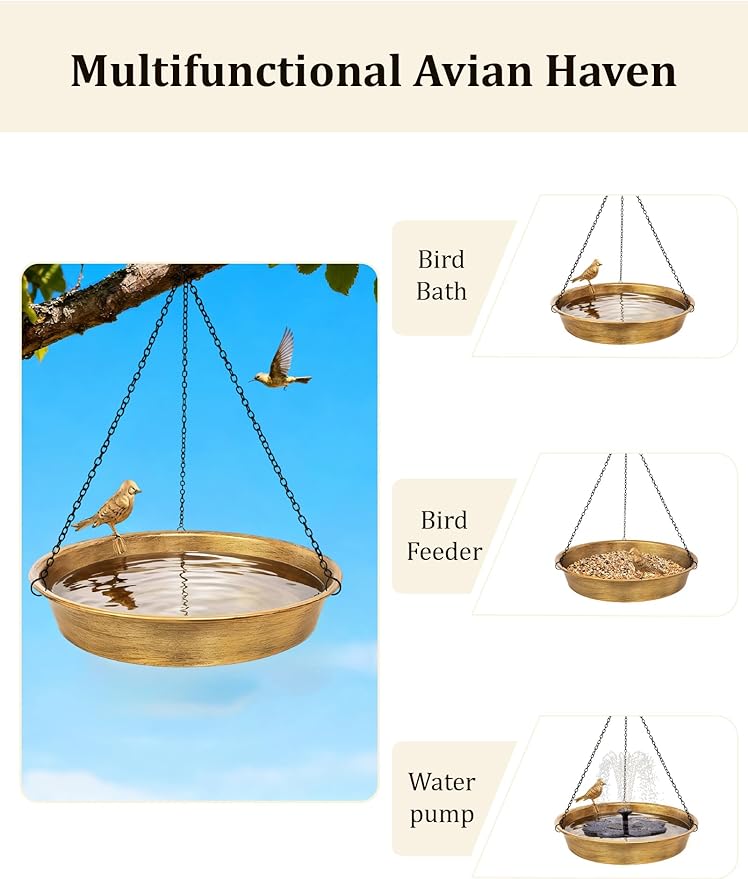 Hanging Bird Bath for Outdoor, Antique Bronze Metal Birdbath Bird Feeder Garden Decor Yard Art (11.5" Dia)