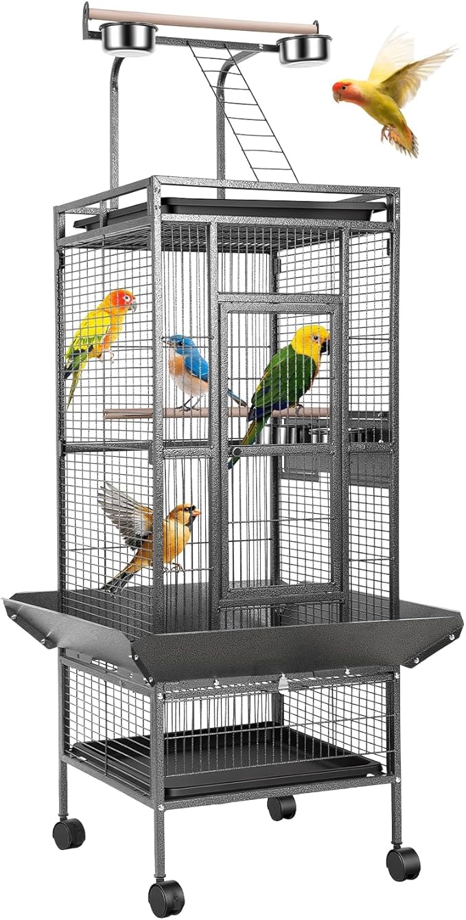 61" Large Parrot Cage with Rolling Stand, Wrought Iron Bird Cage for African Grey Macaw, Corner Design with Rooftop Play Area, Lockable Door & 360° Wheels, Heavy Duty Aviary Black