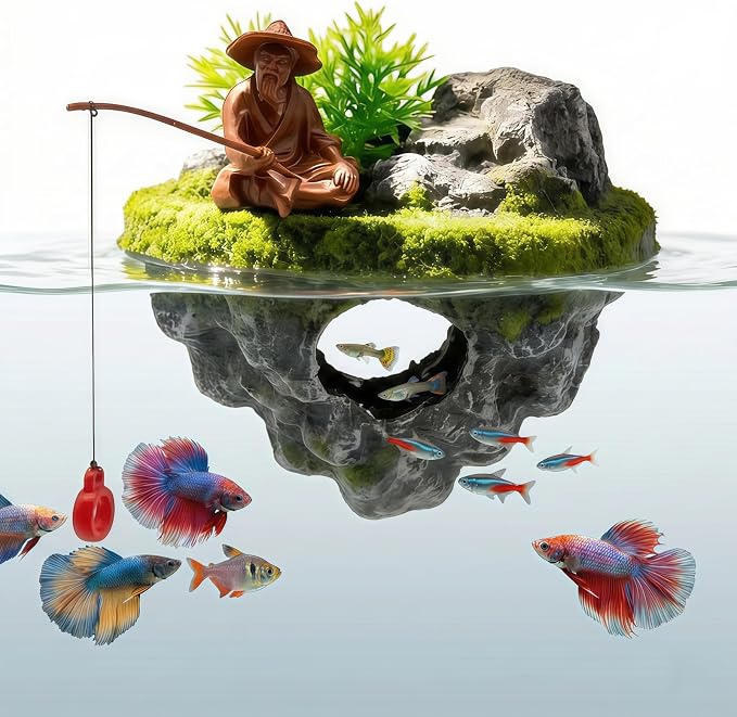 Floating Aquarium Decor, 3D Old Man with Fish Feeding Hook | Safe ABS Floating Fish Tank Decoration with Interactive Feeding Hook for Betta, Guppy, Shrimp and Other Small Aquarium Fish