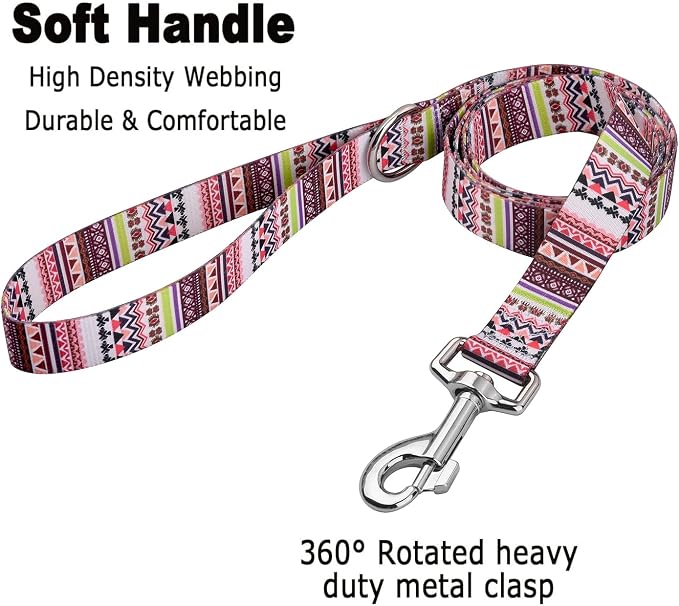 MarukoPet Dog Collar and Leash Set, Adjustable for Small Medium Large Dogs Puppy, Cute Design with Bohemia Floral Tribal Geometric Patterns Boys Girls Dog Collar(Pink Bohemia Set,M)