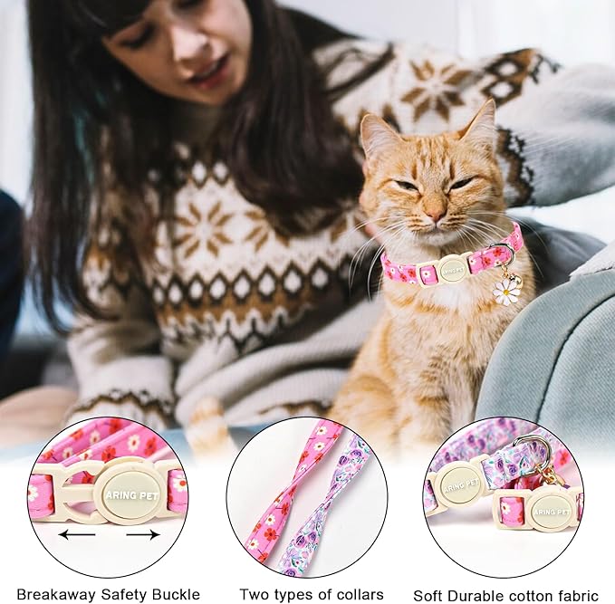 ARING PET 2 Pack Cat Collars with Bell, Cute Soft Cotton Kitten Kitty Breakaway Spring Summer Cat Collars for Boy Girl Cats-Pink & Purple Floral