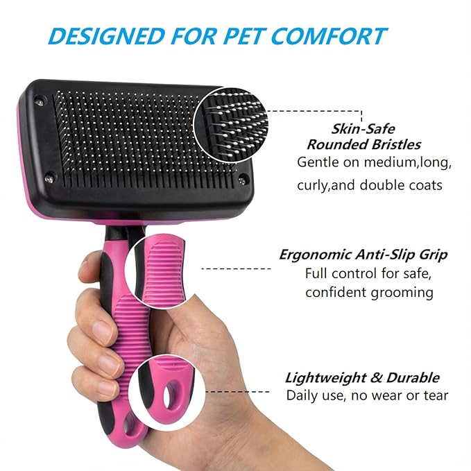 PETIMP STORE 4PCS Self Cleaning Slicker Brush, Pet Grooming Rake, Bath Brush & Massage Brush for Short/Long Haired Dogs, Cats & Horses, Pet Grooming Deshedding Tools - Pet Supplies (Pink Black)