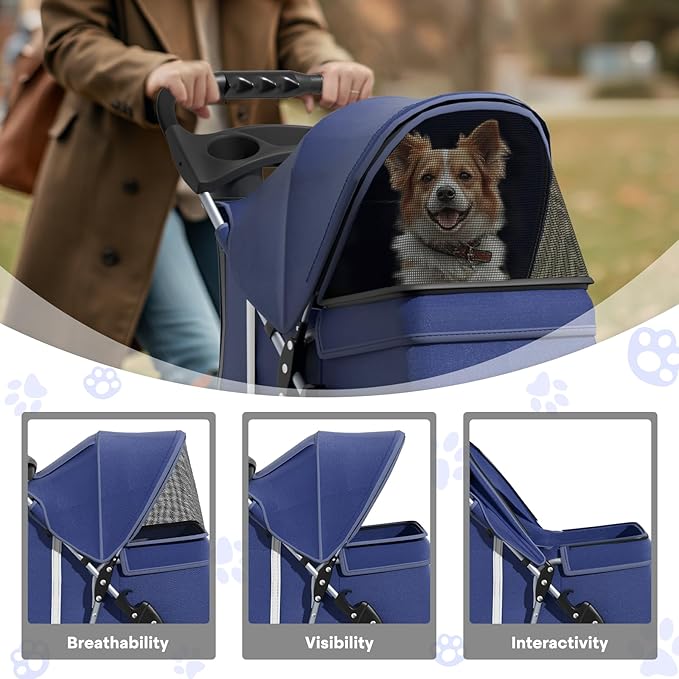 Pet Stroller for Small Dogs 10 lbs, Dog Stroller for Medium Dogs 30 lbs, Cat Strollers for 2 Cats, 3 Wheels Foldable Jogger Puppy Stroller with Storage Basket and Cup Holder, Navy Blue
