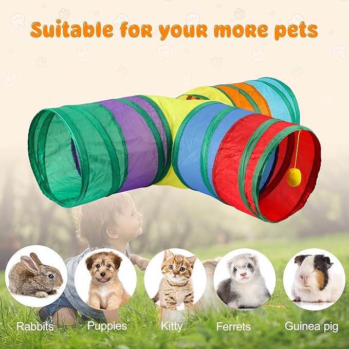 BWOGUE Bunny Tunnels & Tubes Collapsible 3 Way Bunnys Hideout Small Animal Activity Tunnel Toys for Dwarf Rabbits Guinea Pigs Kitty