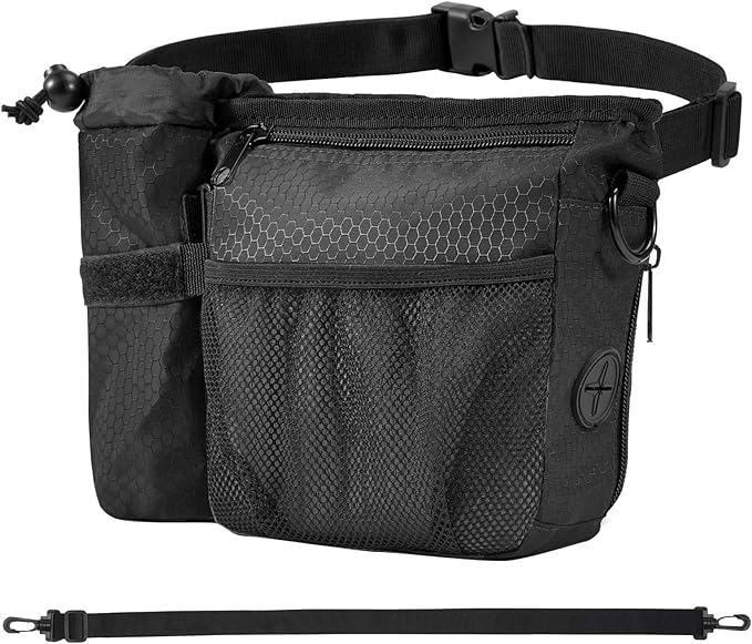 Dog Treat Training Pouch with Magnetic Zipper Closure - Built-in Poop Bag Dispenser, Side Pocket for Dog Water Bottle, 3 Ways to Wear,Carry Kibble & Pet Toys (Black)