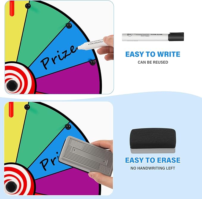 Klvied 12 Inch Prize Wheel, 12 Slot Tabletop Color Spinning Wheel, Carnival Spin Wheel with Dry Erase Markers and Eraser for Trade Show, Fortune Spin Game