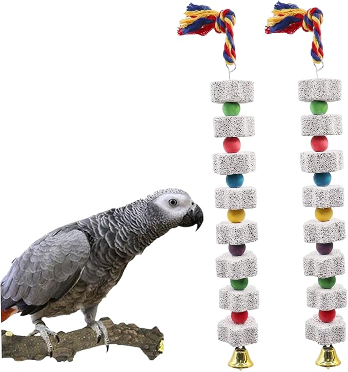 2PCS Bird Beak Grinding Stone, 13.8" Mineral Block for Birds with Bell, Hanging Parrot Chewing Toys for Cage Budgies Cockatiel Hamster Chinchilla