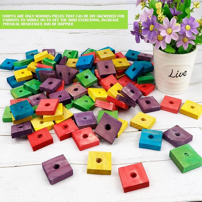 100 Pieces Parrot Wooden Chewing Toy Parrot Bite Toy Parrot Chewing Blocks for Small, Medium, Large Parrot Budgies Parakeet Cockatiel(Mixed Color)