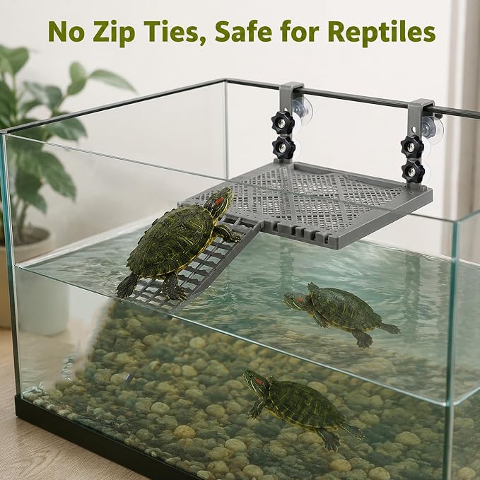 Solidform Turtle Basking Platform with Built-in Food Tray/10x7.8” Non-Slip Ramp Terrace, Heavy-Duty Suction Cups for 25-75 Gallon Aquariums, Resting Dock for Aquatic Turtles