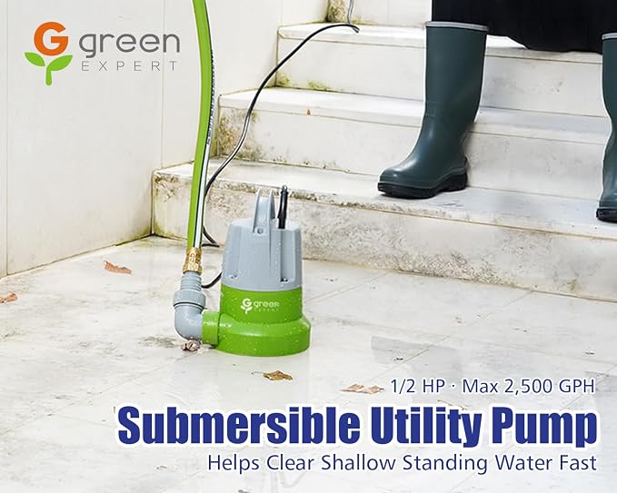 Green Expert 1/2 HP Submersible Utility Pump, 2500 GPH Portable Water Removal, Manual Plug-in Last-Inch Drain with Check Valve and Hose Adapters, 115V Sump Pump for Basement Pool Hot Tub