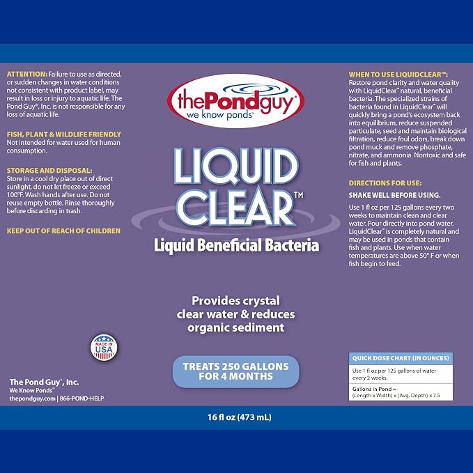 The Pond Guy LiquidClear Beneficial Bacteria Pond Cleaner, 1 Gallon | Reduces cloudy water in outdoor water gardens and small ponds and is fish and plant safe