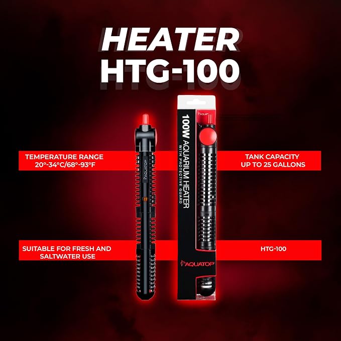 Aquatop 100W Premier Glass Heater with Guard – Submersible for Fish Tanks Up to 25 Gallons – 68-93°F Adjustable Temp – Fresh & Saltwater Use