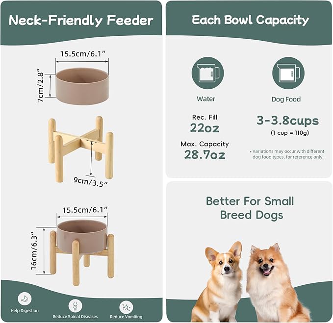 Havniva Ceramic 6.1inch Raised Dog Bowl with Stand for Small and Medium Dog Dish Pet Food and Water Bowl (Single Bowl with Stand - Brown Coffee)
