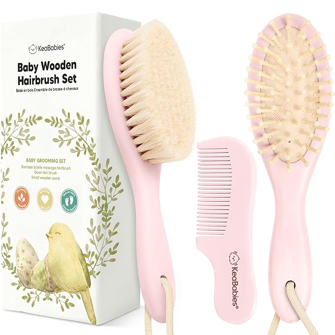 Baby Hair Brush Set for Newborns - Soft Goat Bristle Wooden Baby Brush and Comb Set Newborn Grooming Kit for Cradle Cap, Durable & Gentle, Boy, Girl Infant Essentials Care Kit (Regular, Blush)