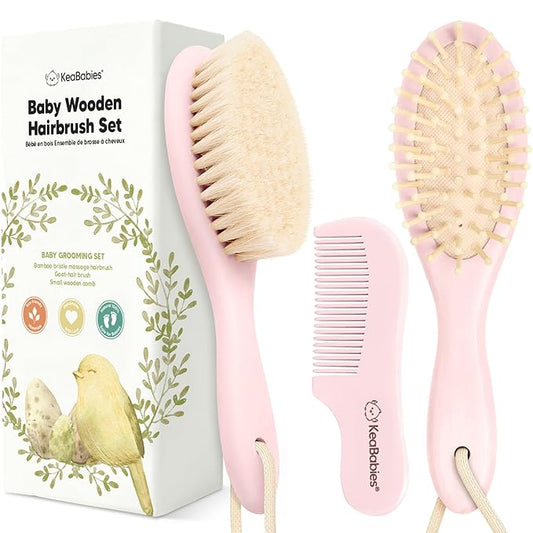 Baby Hair Brush Set for Newborns - Soft Goat Bristle Wooden Baby Brush and Comb Set Newborn Grooming Kit for Cradle Cap, Durable & Gentle, Boy, Girl Infant Essentials Care Kit (Regular, Blush)
