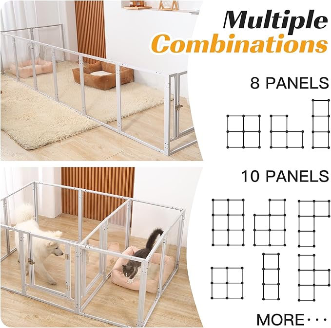 Clear Acrylic Dog Playpen with Door,Puppy Fence Indoors H:24" 8-Panel can be DIY Expanded + Splicing Height Design for Puppies/Small Dogs,White Dog Enclosure (Metal + Acrylic Material)