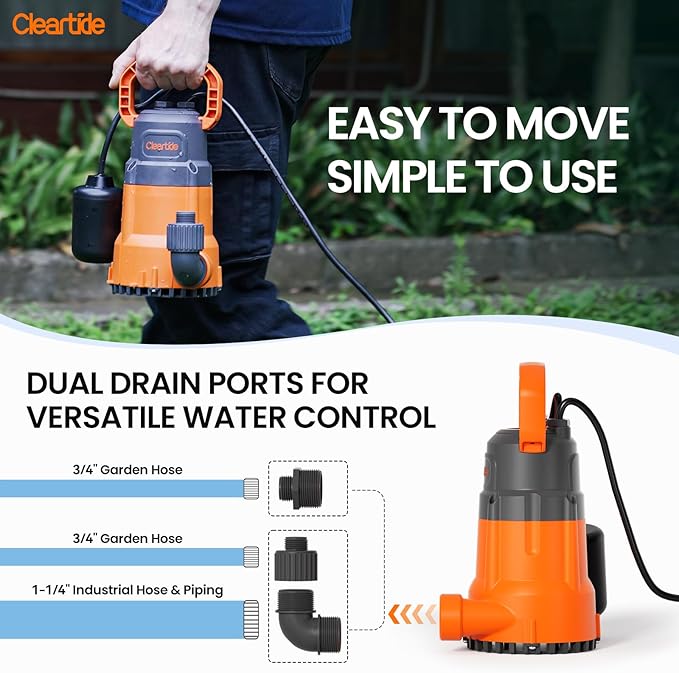 Cleartide Submersible Water Sump Pump with Float Switch, 1/2 HP 3060 GPH High Flow, Ideal for Yard and Flooded Cellar, Hot Tub, Garden Irrigation, Debris-Handling up to 3/8", 10 FT Cord
