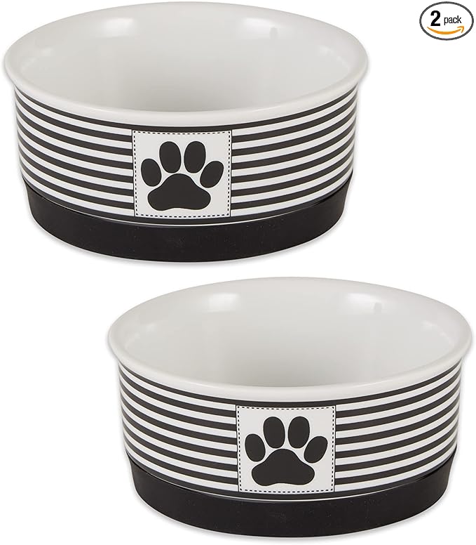 Bone Dry Ceramic Stripe Paw Pet Bowls Collection, Dishwasher Safe, Small, 4.25x2, Black, 2 Count