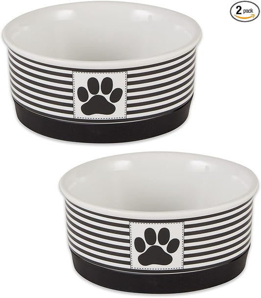 Bone Dry Ceramic Stripe Paw Pet Bowls Collection, Dishwasher Safe, Small, 4.25x2, Black, 2 Count