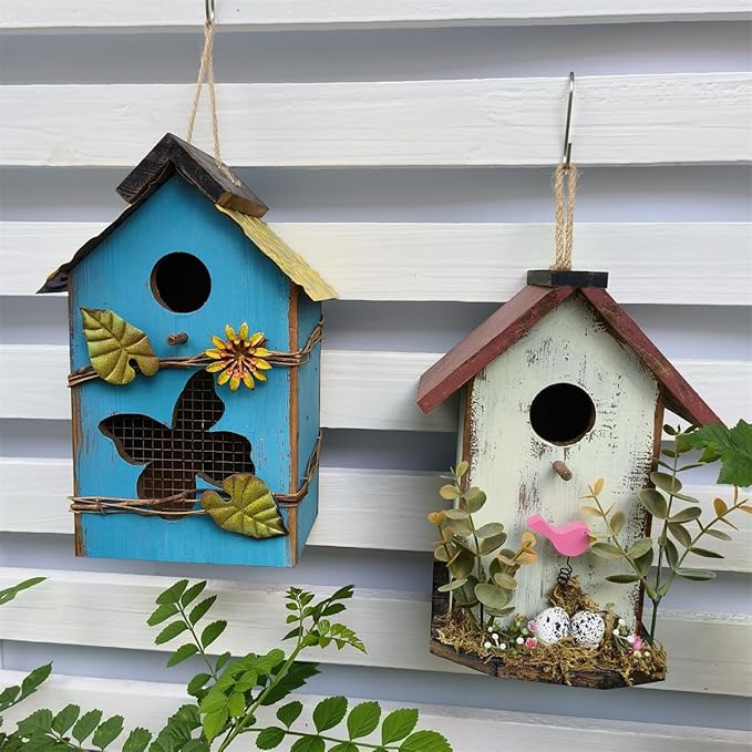 Wood Bird House for Outside, 10" H Hanging Bird House with Waterproof Metal Roof, Vintage Rustic Decorative Birdhouse Wooden Bird Nest Box for Outdoor Garden Yard Decorations (Light Green)