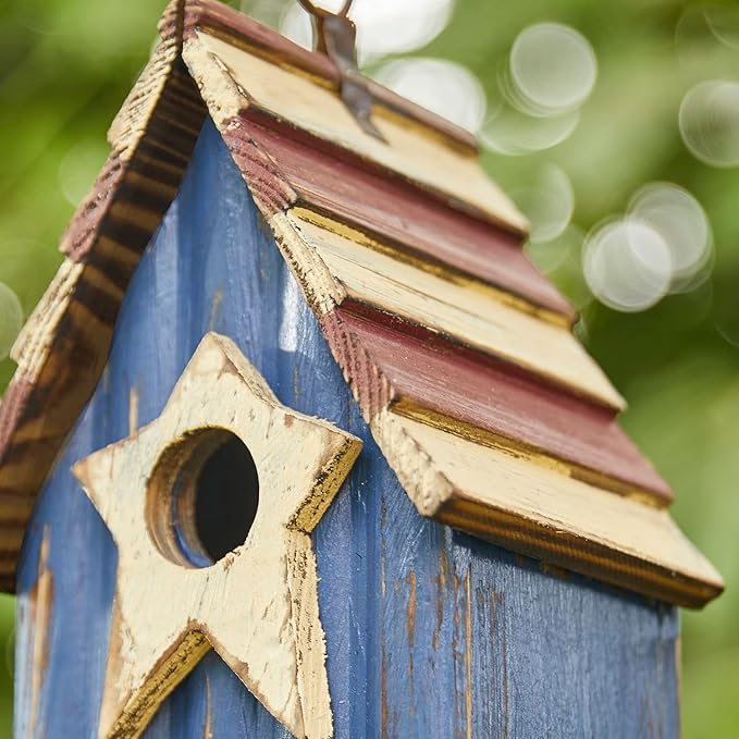 Glitzhome Birdhouses for Outdoors, 9" H Patriotic Hanging Bird House Distressed Solid Wood Cottage Design with 3D Star, Garden Birdhouse for Bluebird Hummingbird Wren Finch Cardinals Cedar