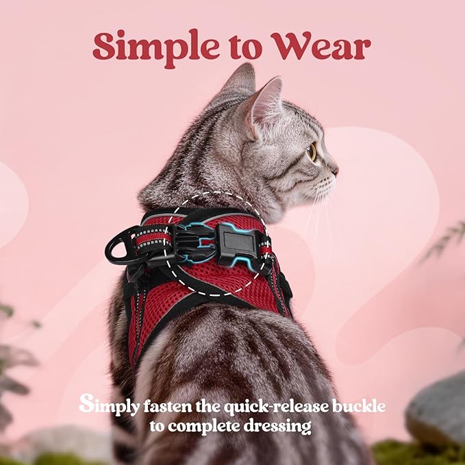 rabbitgoo Cat Harness and Leash Set for Walking Escape Proof, Adjustable Soft Kittens Vest with Reflective Strip for Cats, Comfortable Outdoor Vest, Red, M