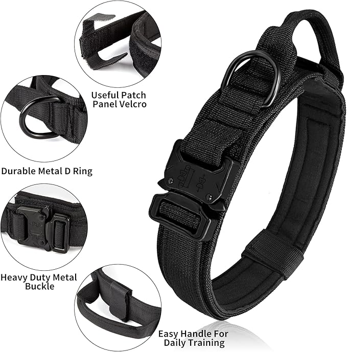Tactical Dog Collar - Military Dog Collar, Adjustable Heavy Duty Metal Buckle Nylon Collar with Control Handle for Small Medium Large Dogs (Black, XL)